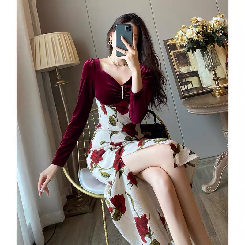 French retro rose print high-end small court style temperament thin high waist slit dress autumn women