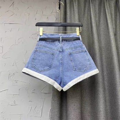 Black design hot girl contrast color edge denim shorts women's autumn 2022 new Korean version of the high waist A-line hot pants trend q128