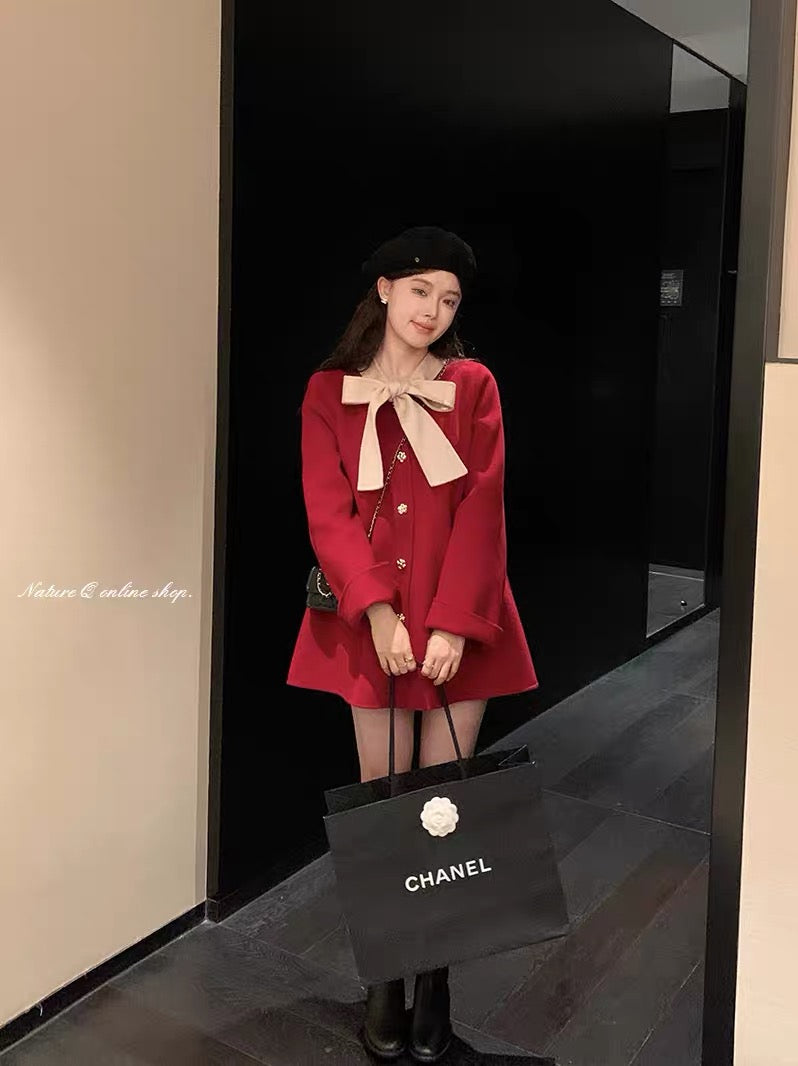 Yang Xiaojuanquan wool rich family's daughter bow woolen coat women's winter clothing small double-sided woolen red coat