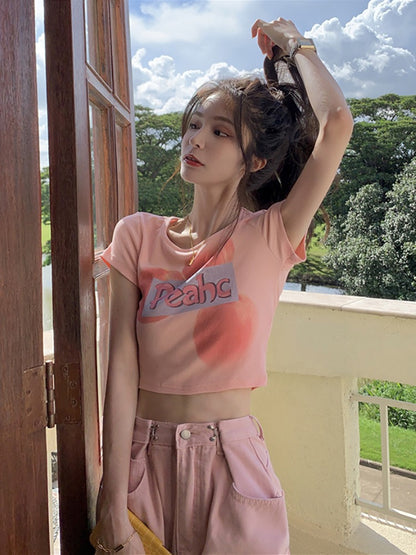 Short-sleeved front shoulder T-shirt women's summer 2023 new pure desire sweet hot girl style self-cultivation short section navel printing top ins