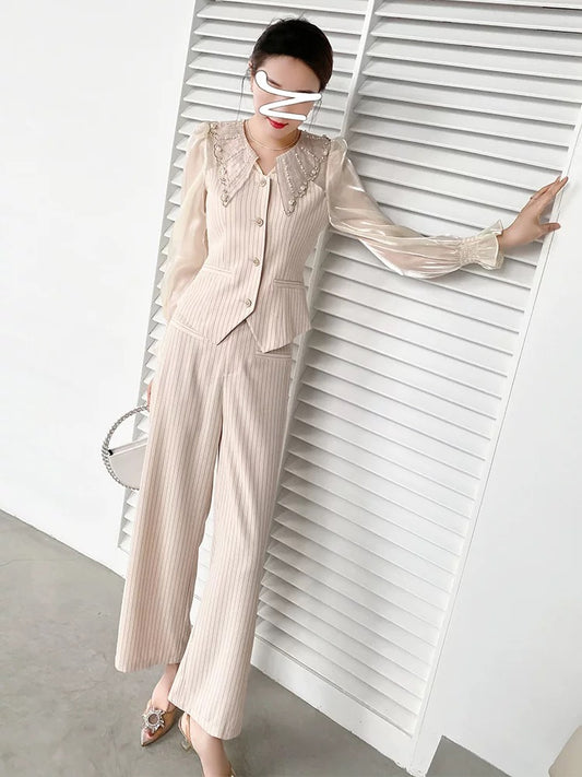 Early autumn salt series high-end sense wear with high-definition light luxury women's milk waxy striped wide-leg pants professional two-piece suit black 1795