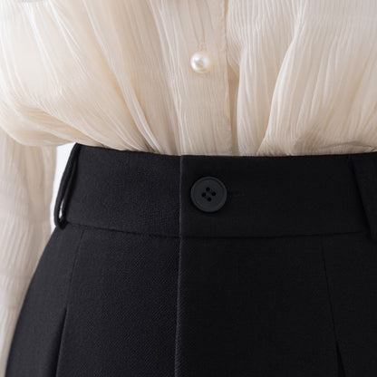 Black woolen a-line skirt women's autumn and winter 2022 new high-waisted pleated skirt small mid-length skirt