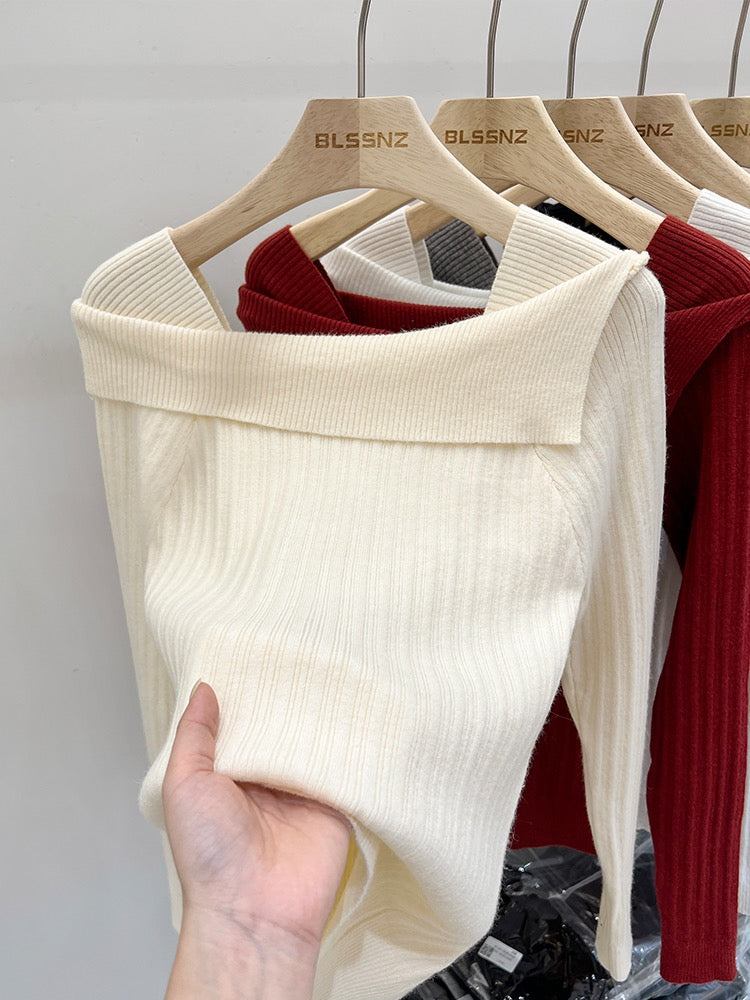 Stitching Knitted Bottom Sweater Women's Autumn and Winter Inner Design One-shoulder Unique Chic Top Square Neck Knitted Sweater Women