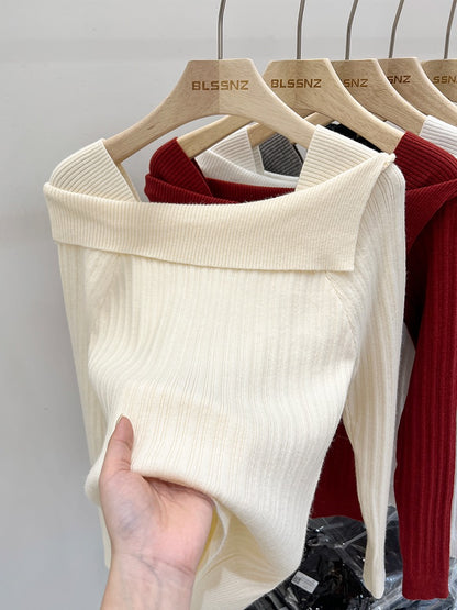 Stitching Knitted Bottom Sweater Women's Autumn and Winter Inner Design One-shoulder Unique Chic Top Square Neck Knitted Sweater Women