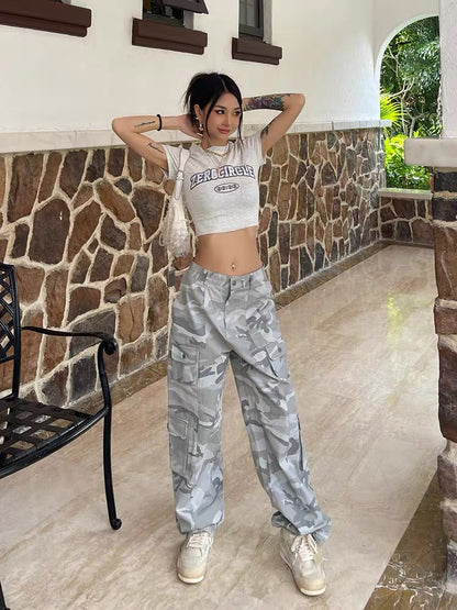 Wild zero gray camouflage overalls women's summer American high-waisted loose-fitting wide-leg straight casual pants
