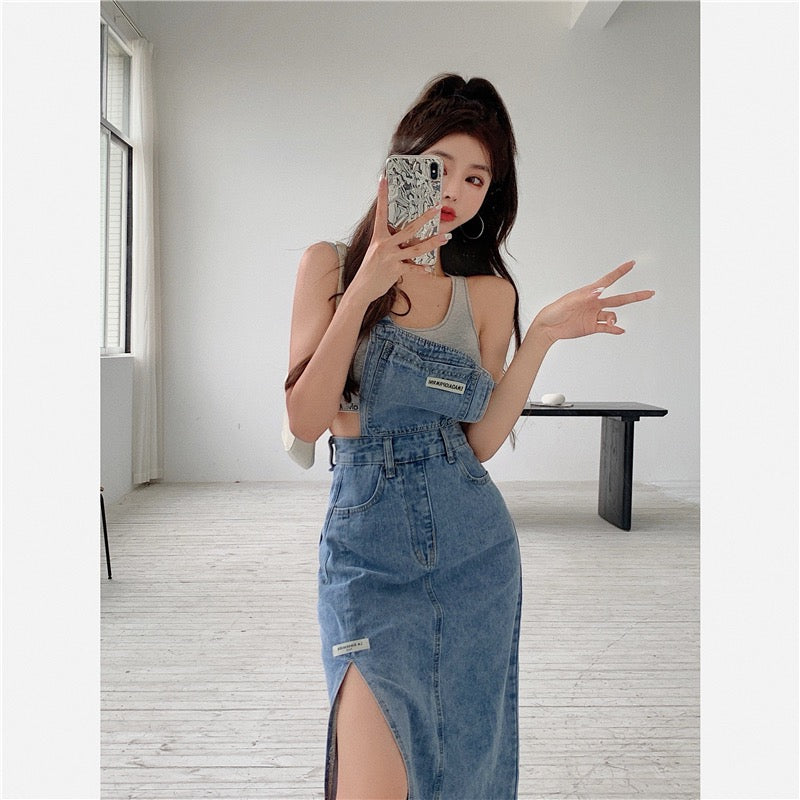 Suspender skirt women's summer Hong Kong style retro waist 2022 new slim denim dress long section slit skirt tide