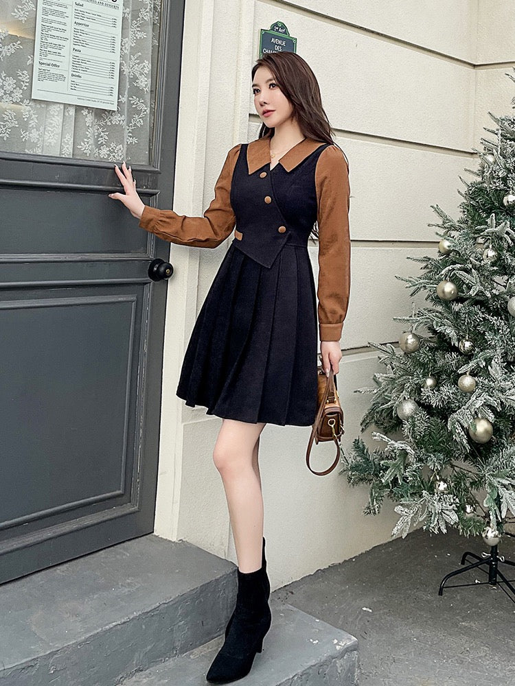 Pleated skirt 2022 new women's autumn and winter coffee color stitching lapel fake two pieces retro French daughter dress