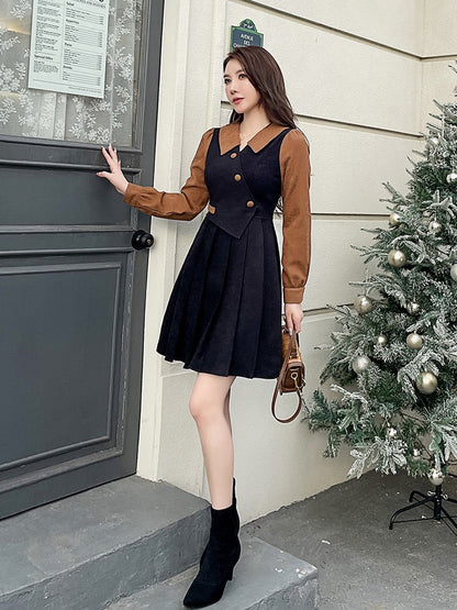 Pleated skirt 2022 new women's autumn and winter coffee color stitching lapel fake two pieces retro French daughter dress