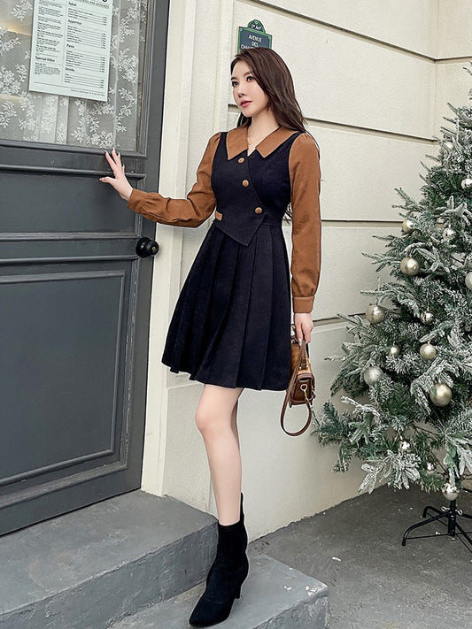 Pleated skirt 2022 new women's autumn and winter coffee color stitching lapel fake two pieces retro French daughter dress