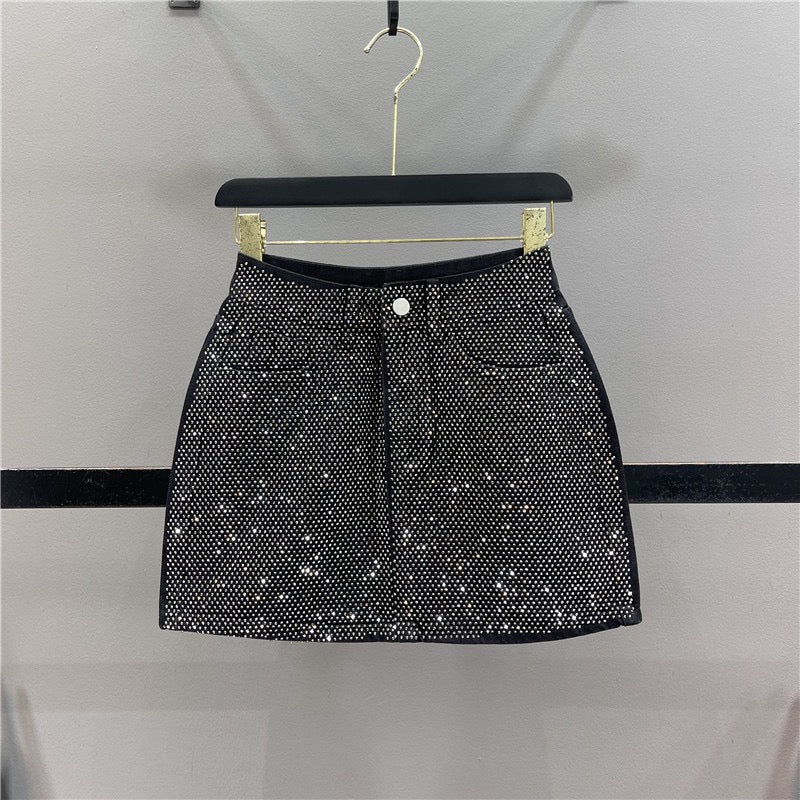 2023 summer new heavy industry hot diamond design denim skirt women's fashion high waist slim A-line bag hip skirt