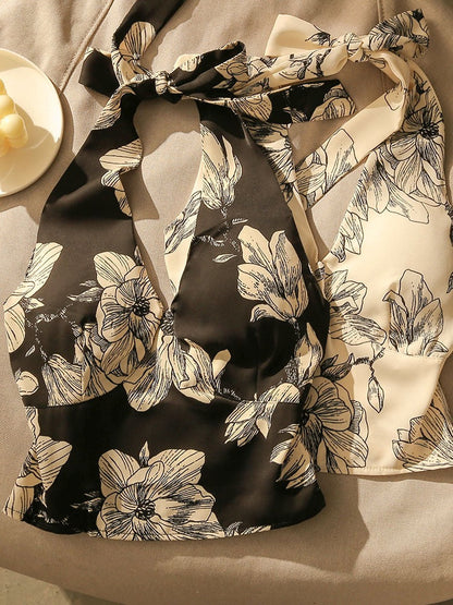 Hong Kong style retro print hanging neck camisole female hot girl sexy beauty strap chest pad bottoming sleeveless top for outerwear