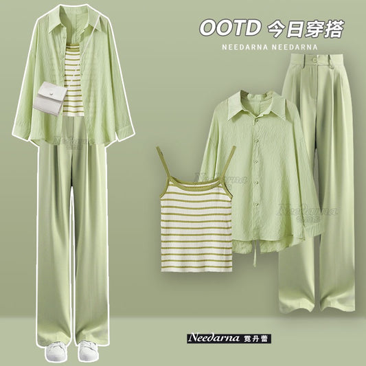 Chali tea gas sling cardigan two-piece set 2023 new summer small casual fashion suit pants suit female