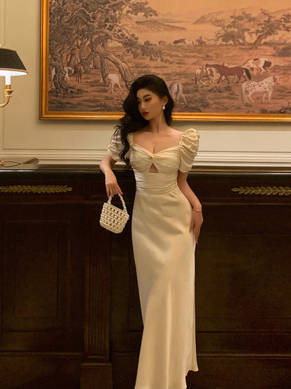 French Square Neck Puff Sleeve Dress Women 2023 Summer New Gentle Wind Retro Temperament Waist Satin Long Dress
