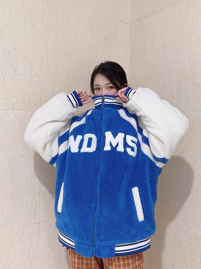 Badge baseball uniform women's winter thickened lamb wool jacket fashion Korean version loose fleece casual jacket ins tide