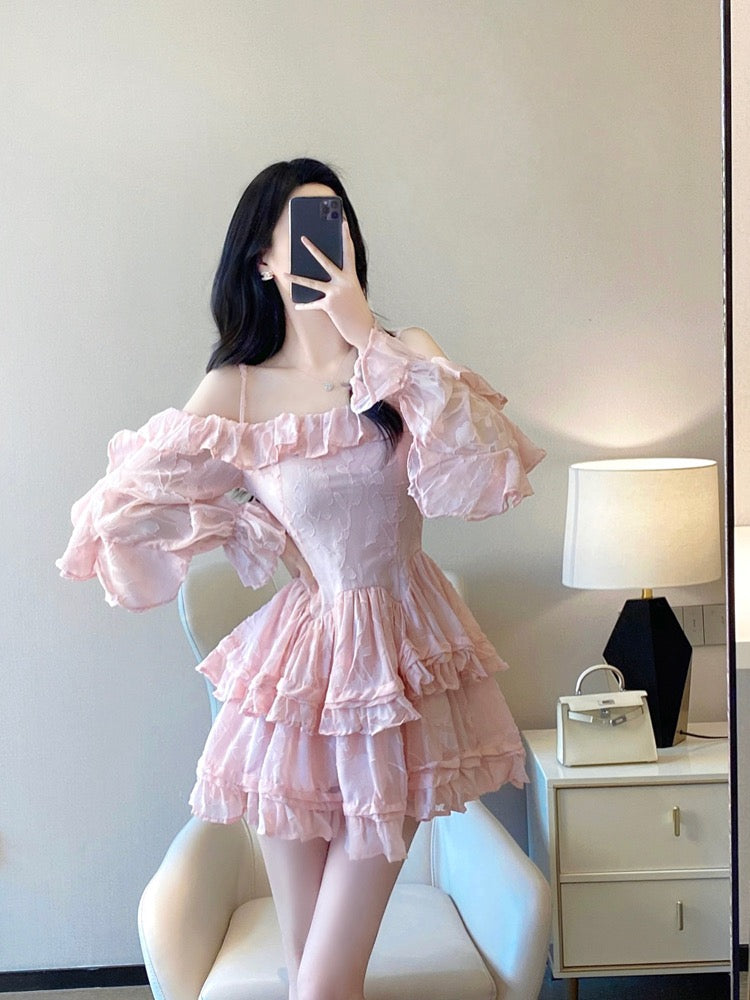 Pink cake skirt 2023 spring and autumn new style sweet one-word collar off-shoulder fluffy princess dress suspender dress female