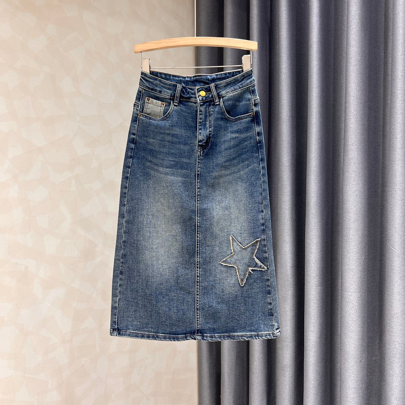 Retro denim skirt women's mid-length spring and summer new slimming and thin star slit high waist a-line bag hip skirt