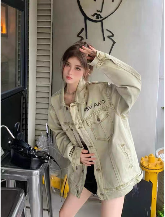 New retro fashion embroidered ink splash denim jacket women's autumn American loose design sense niche jacket top 1102