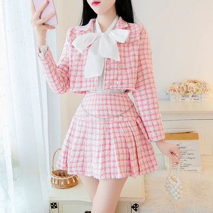Xiaoxiangfeng suit temperament ladies 2022 autumn new high-end tweed short jacket pleated skirt two-piece set