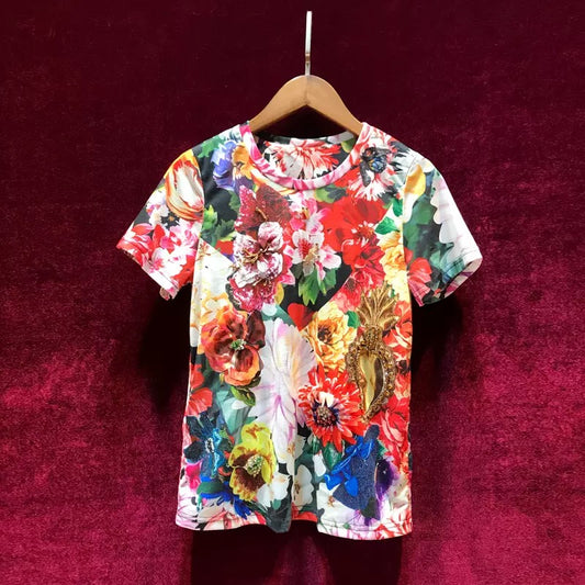 European station fashion printing heavy industry beading all-match thin short-sleeved design T-shirt top women's summer 2022 new