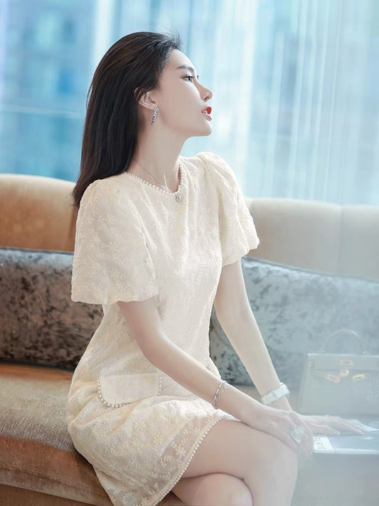 French sweet dress summer female 2022 new ladies high-end white puff sleeves embroidered pearl skirt tide