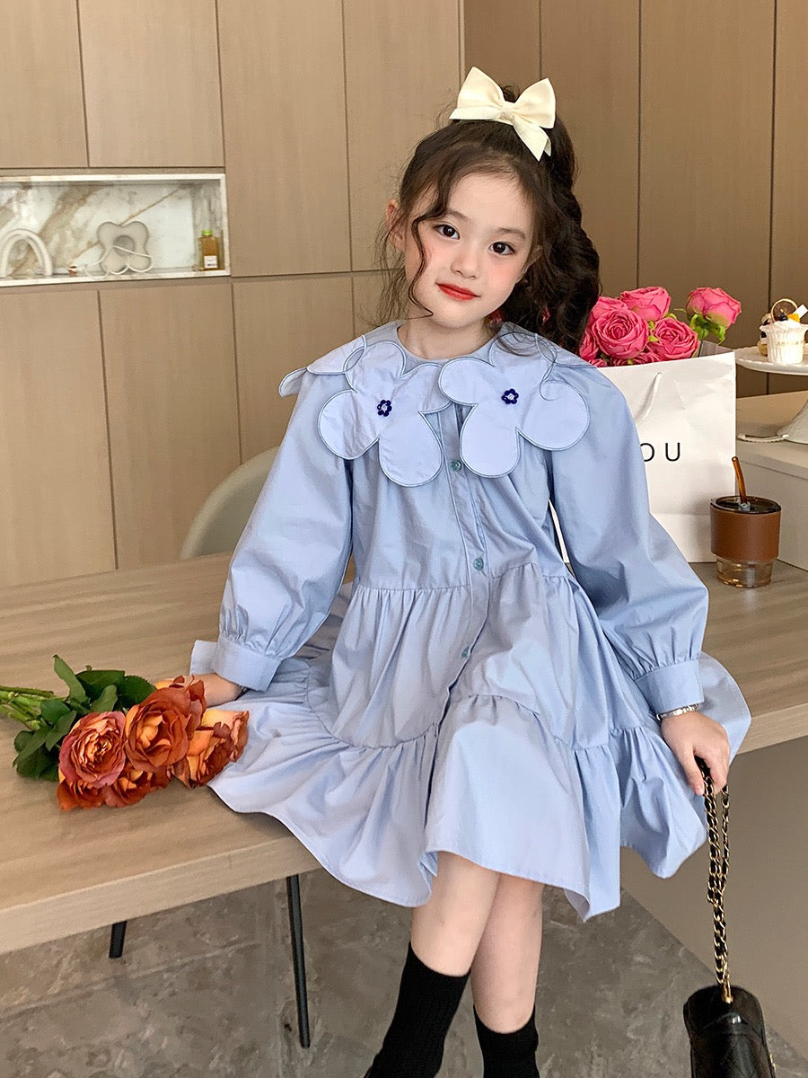 Original children's clothing girls cotton long-sleeved dress spring 2023 new big children's blue A-line shirt skirt