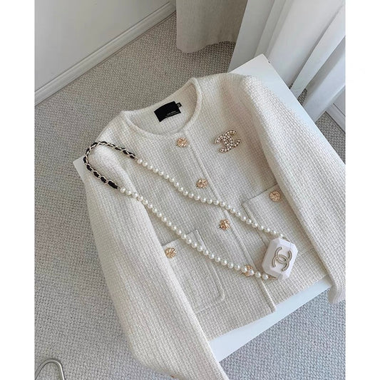 CHICROOM rice white small fragrance coat women's autumn and winter small round neck temperament ladies short woolen coat