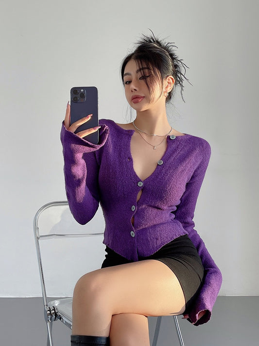 liviahome grape purple trumpet sleeve knitted sweater women's pure desire to close the waist and look thin short small cardigan sweater top