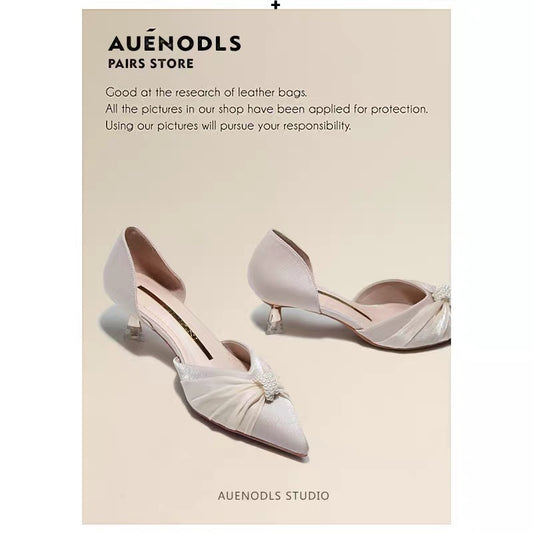 AUENODLS French satin pearl hollow pointed high heels nude apricot Xiuhe main wedding bridesmaid wedding shoes women