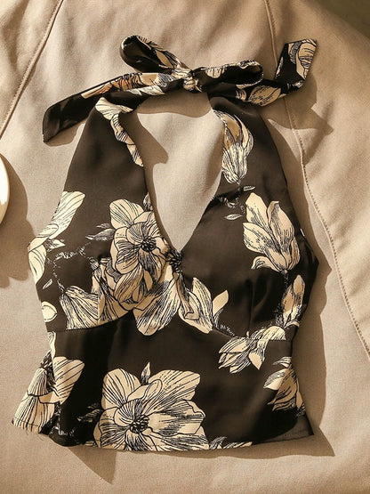Hong Kong style retro print hanging neck camisole female hot girl sexy beauty strap chest pad bottoming sleeveless top for outerwear