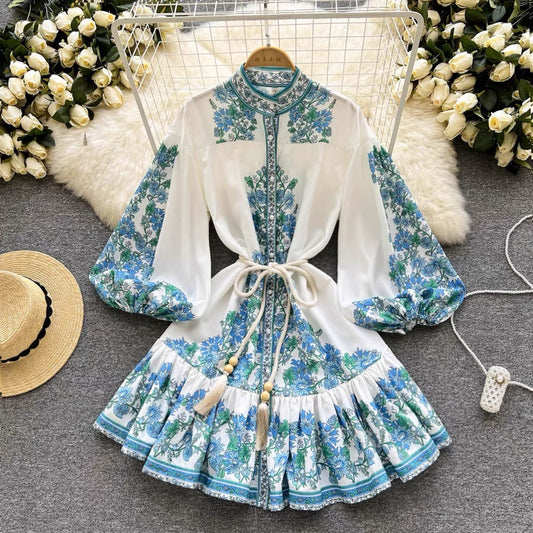 Spring clothing new ladies Xiaoxiangfeng high-end skirt women's long-sleeved waist mid-length temperament floral dress trendy