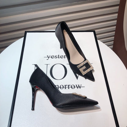Design sense niche temperament rhinestone square buckle pointed toe high-heeled evening dress shoes Korean version of hot mom fairy style stiletto shoes