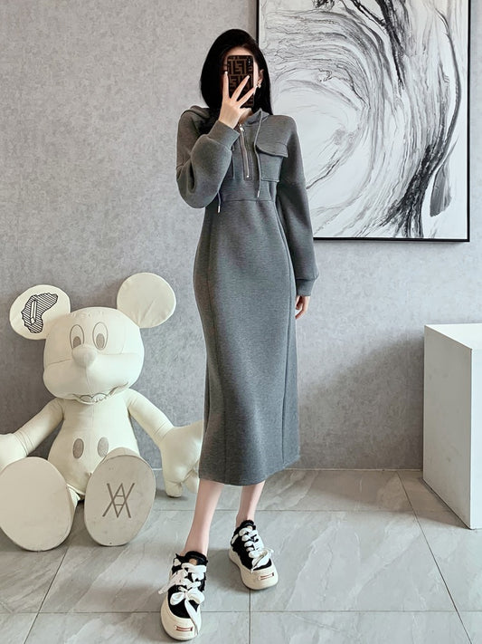 High-end gray hooded long sweater dress waist thickened temperament winter casual dress women autumn and winter