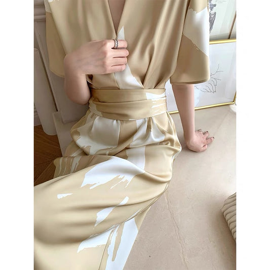 mona original summer V-neck printed elegant belt gorgeous kimono dress short-sleeved skirt women