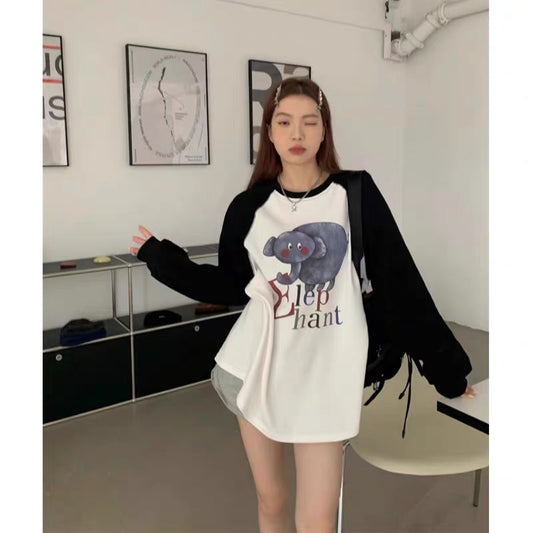 Long-sleeved T-shirt women's autumn new loose casual elephant letter print raglan sleeves bottoming shirt top trendy