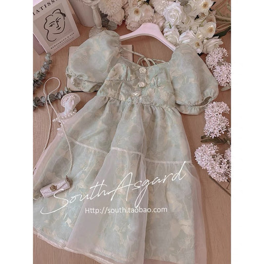 Southern Asgard Puff Sleeve Dress Summer Small Floral Gentle Wind Sweet Artistic Sen First Love Skirt