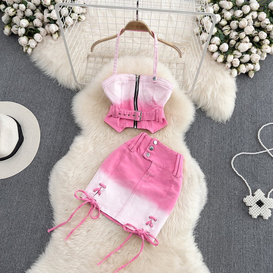 Gradient Denim Fashion Suit Hot Girl Sexy Halter Neck Camisole Two-piece High Waist A-Line Skirt