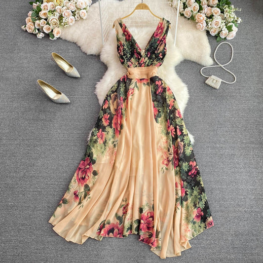 European and American fashion elegant temperament dress long skirt V-neck waist slimming positioning printed a-line large swing dress women