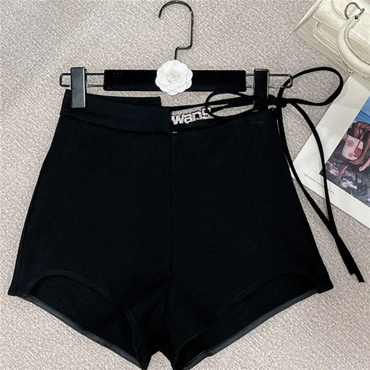 2022 summer new western style wild rhinestone letter tie high waist solid color American hot girl sexy hot pants women 1600