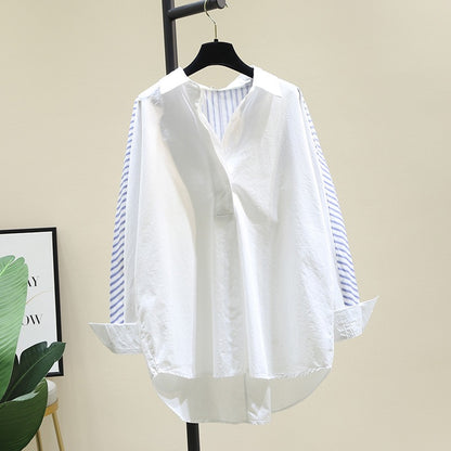 Striped stitching white shirt women 2023 spring new fashion loose design sense niche pullover shirt thin top