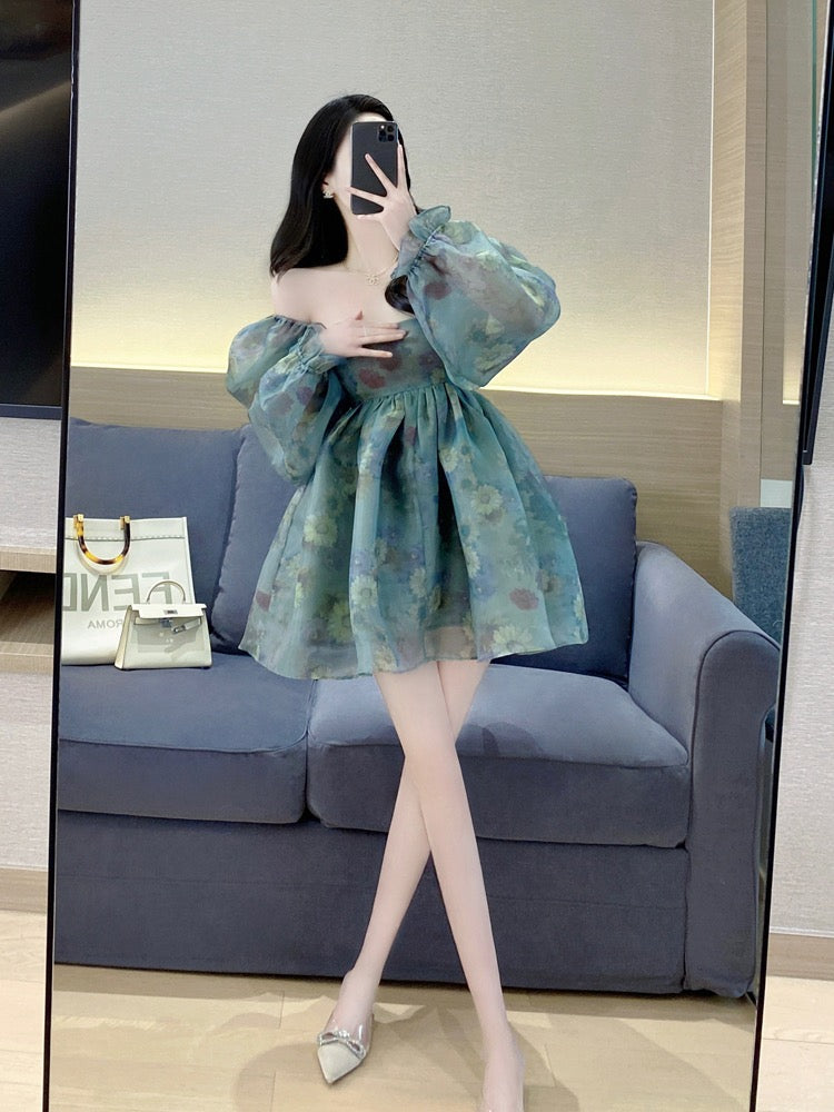 Princess tutu skirt 2023 spring new sweet French square collar organza puff sleeve floral dress female summer