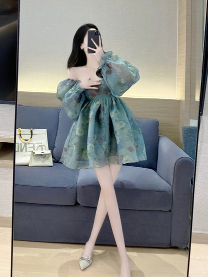 Princess tutu skirt 2023 spring new sweet French square collar organza puff sleeve floral dress female summer