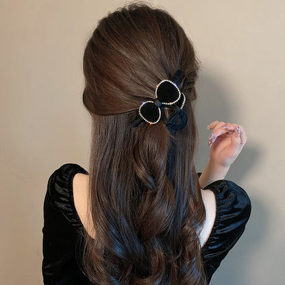 Bowknot velvet grab clip back of the head hair clip women's net celebrity plate hair clip high-end sense shark clip explosive headgear