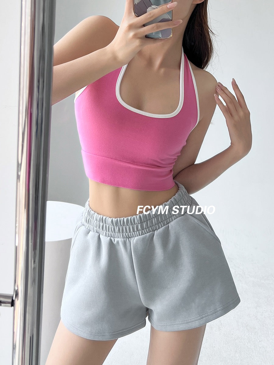 European and American color contrast halter neck halter camisole women's summer slim outerwear elastic sexy hot girl short crop top