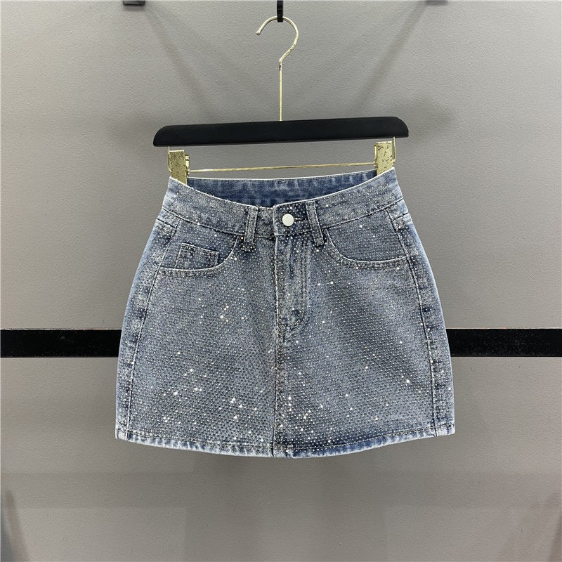 2023 summer new heavy industry hot diamond design denim skirt women's fashion high waist slim A-line bag hip skirt
