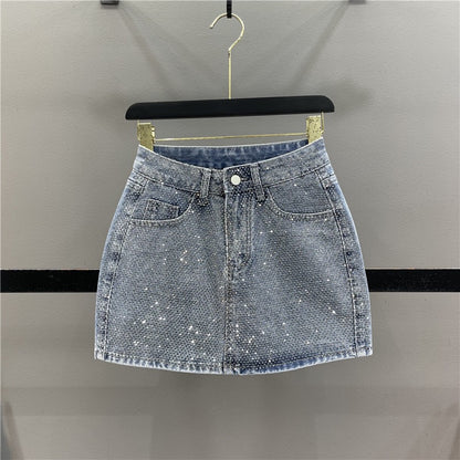 2023 summer new heavy industry hot diamond design denim skirt women's fashion high waist slim A-line bag hip skirt