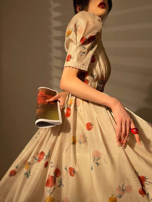 Aconiconi｜Under the pomegranate flower light luxury high-end design skirt women's summer French print short dress