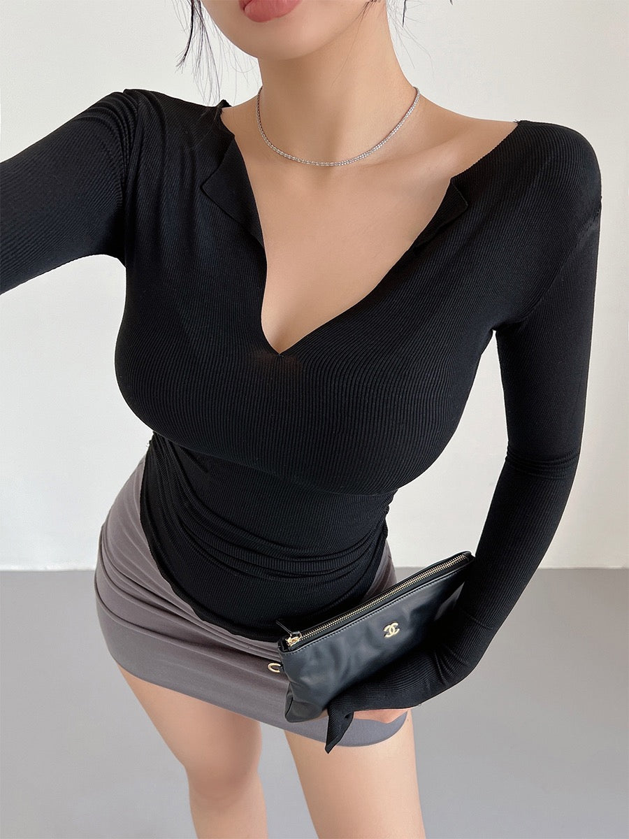 liviahome sexy waist big V-neck long-sleeved T-shirt bottoming shirt female pure desire hot girl tight-fitting small top