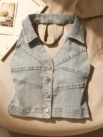 Unique chic denim halter neck camisole women's summer outerwear sexy slim back sleeveless sweet spicy top