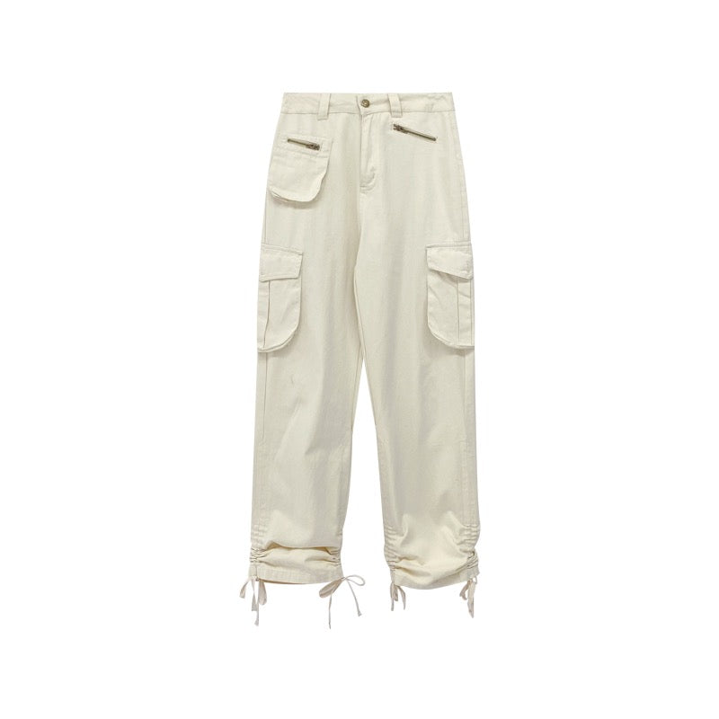 American style functional style multi-pocket high-waisted sports pants women's spring and autumn loose straight shirring foot mopping overalls trendy