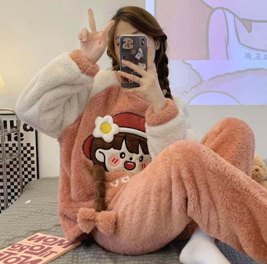 2022 new coral fleece pajamas women's autumn and winter thickened cute cartoon flannel home clothes casual suit winter